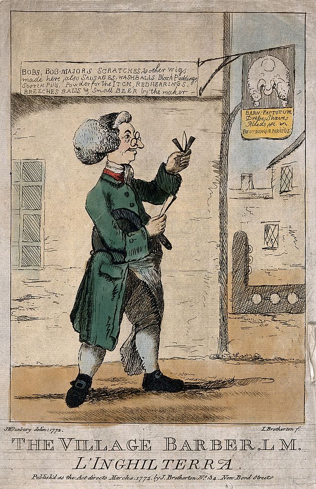 A village barber-surgeon standing in front of his shop, holding a razor and a lancet; in the distance are the village…