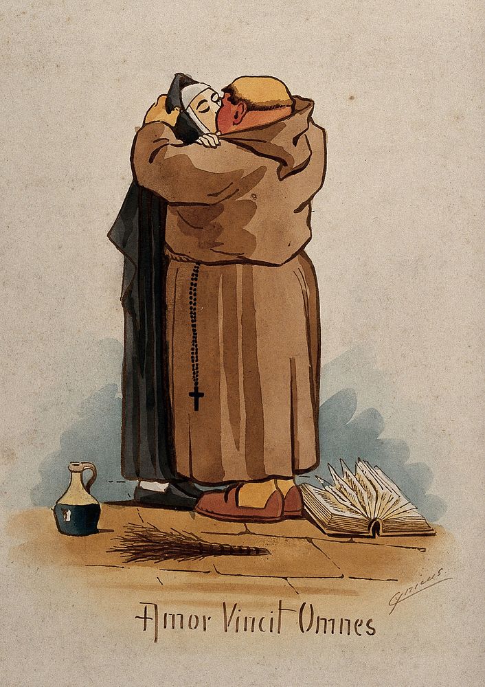 A monk kissing a nun on the mouth; an open book (Bible), a birch rod and a jug at their feet. Watercolour by M. Anderson…