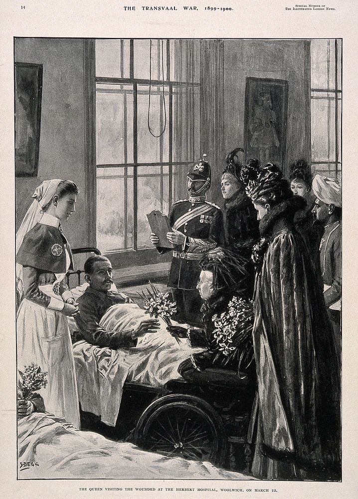 Boer War: Queen Victoria presenting flowers to a wounded soldier during a visit to the Herbert hospital, Woolwich. Halftone…