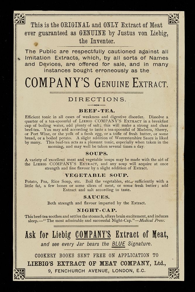 Liebig "Company's" extract of beef : J. Liebig: this signature on each jar [of the] finest meat flavouring stock for soups…