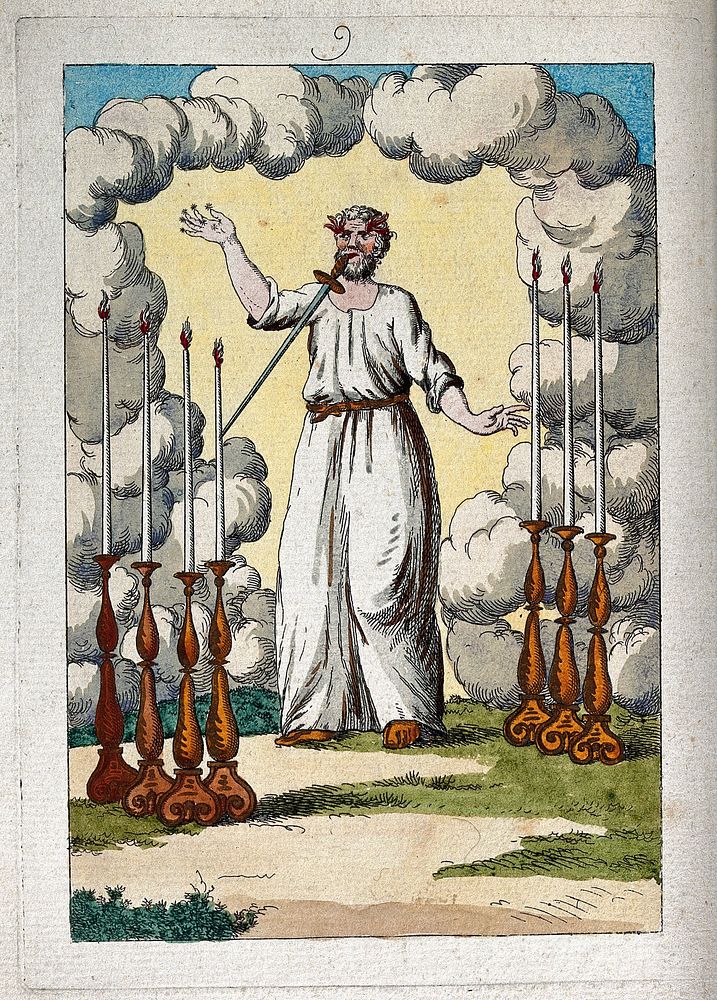 Christ, with a sword in his mouth, between seven candlesticks; representing a stage in the alchemical process. Coloured…