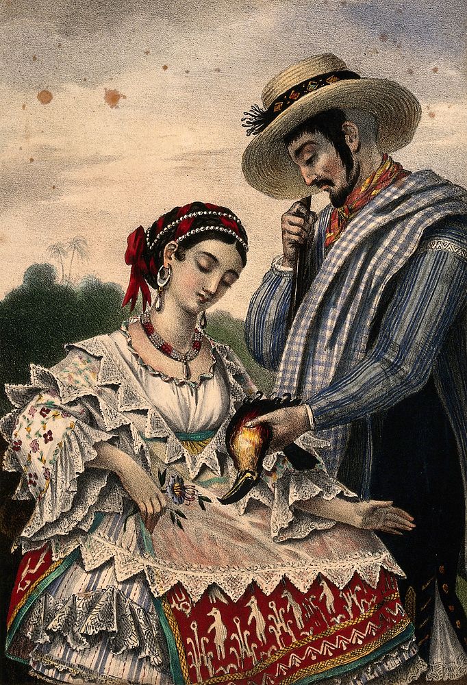 A man and a woman contemplate the dead bird he is offering to her. Colour lithograph.