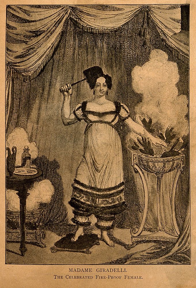 Josephine Giraldelli, a woman impervious to fire. Reproduction of an engraving.