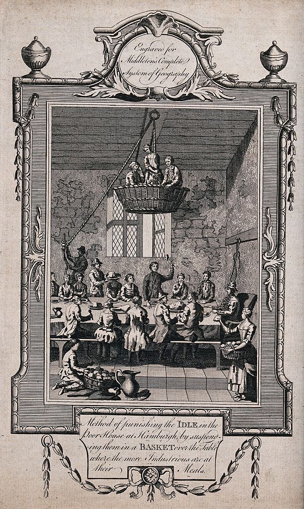 Hamburg: four poor people accused of idleness are suspended in a basket over a table of diners in a workhouse. Engraving…