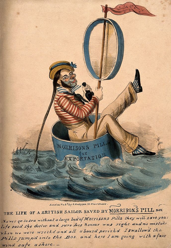 A sailor surviving in a large empty box of James Morison's pills, after being shipwrecked. Coloured lithograph.
