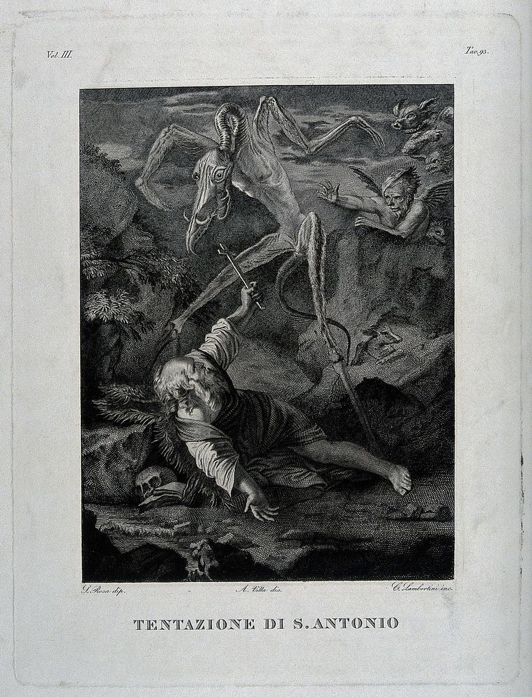 The temptation of Saint Antony Abbot. Engraving by C. Lambertini after A. Villa after S. Rosa.