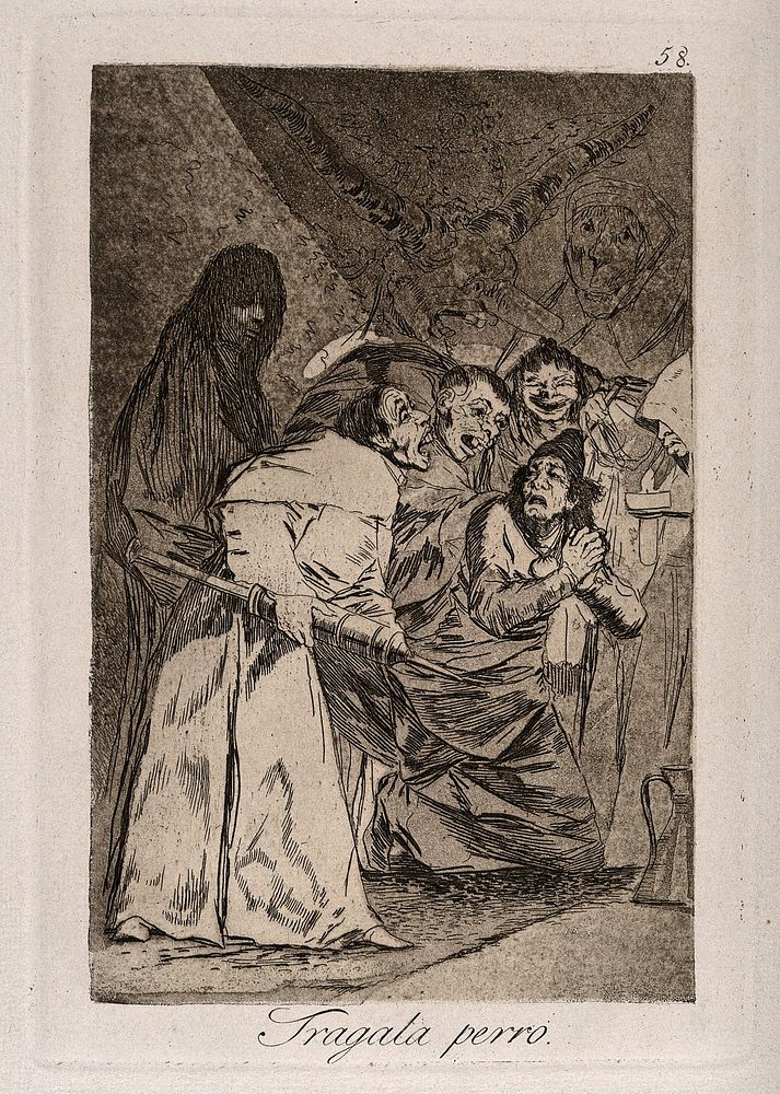 Surrounded by ghoulish apparitions, a manic priest carries an enema towards a wretchedly praying man. Aquatint with etching…