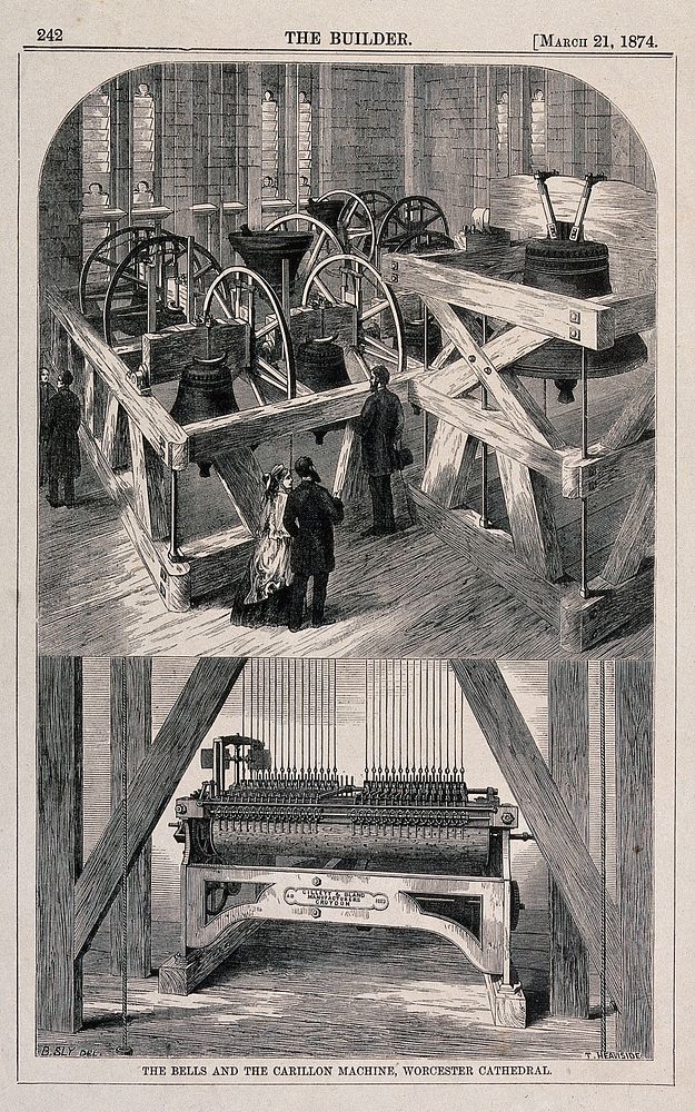 People walking around inside a belfry, looking at the bells and striking mechanism. Wood engraving by T. Heaviside after B.…
