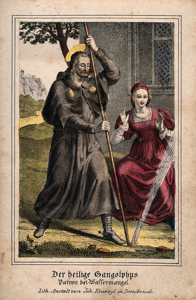 Saint Gangulphus. Coloured lithograph by J. Kravogl.