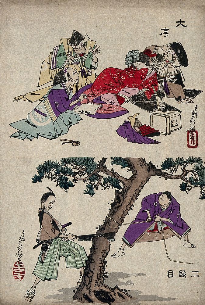Scenes one and two from the favourite kabuki play, 'The treasury of loyal retainers'. Colour woodcut by Yoshitoshi, 1880s.