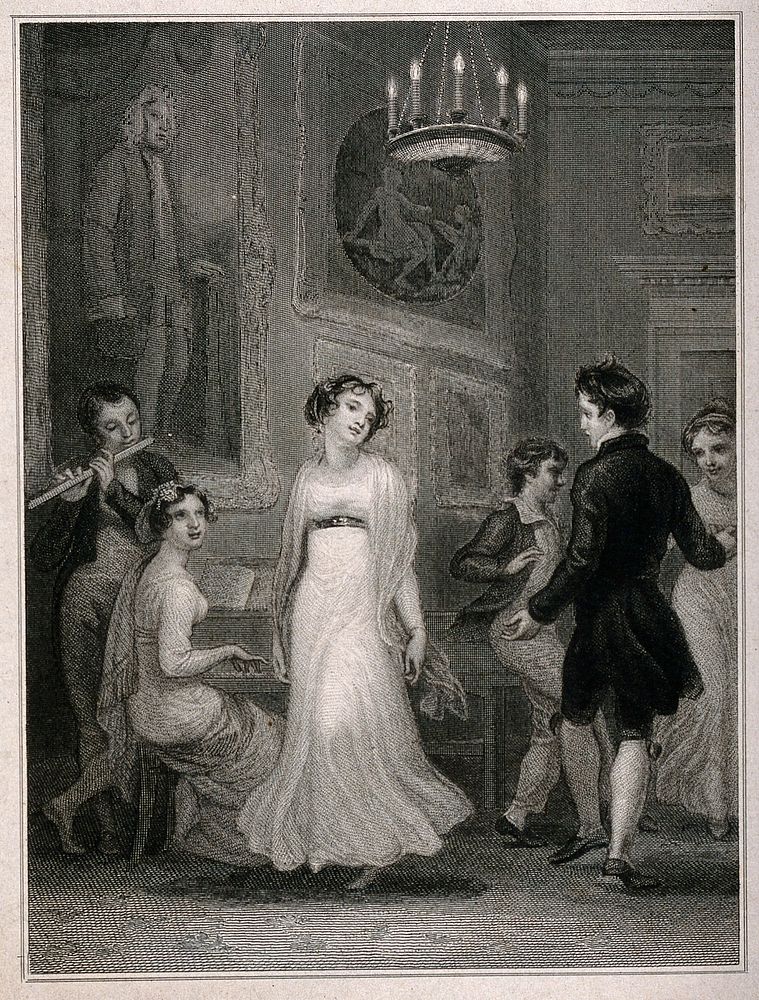 As a girl plays the piano and a boy plays the flute other couples dance to the music. Engraving, ca. 1830.