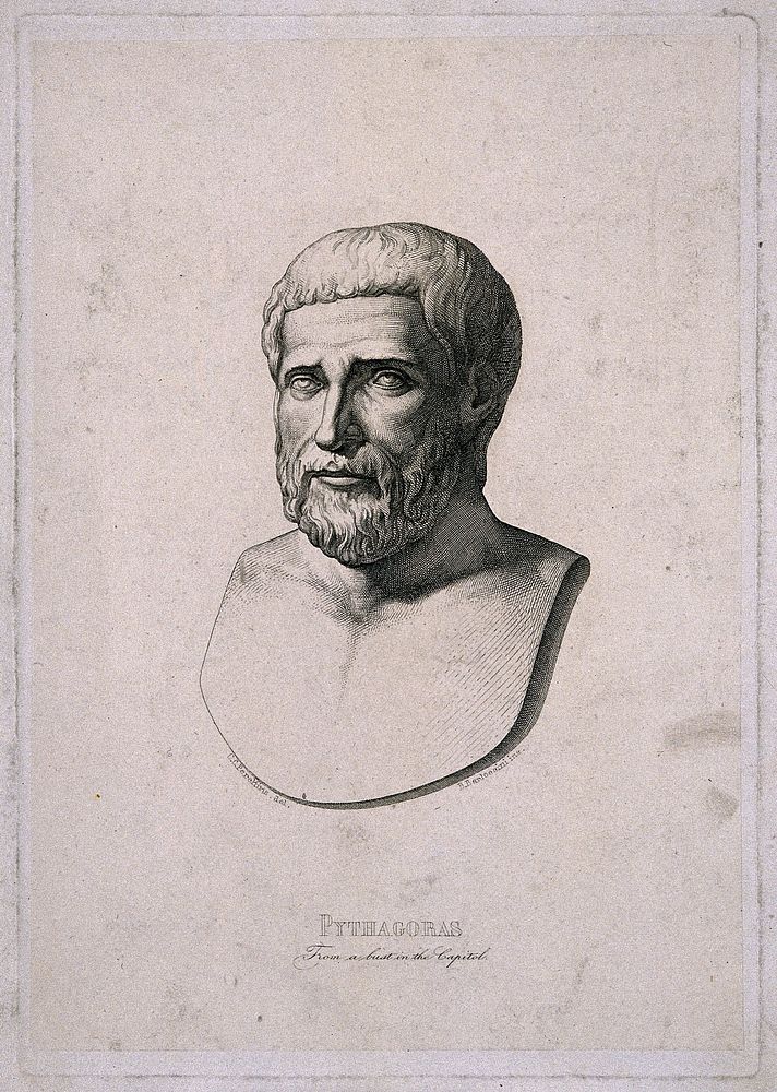 Pythagoras. Line engraving by B. Bartoccini after C. C. Perkins.