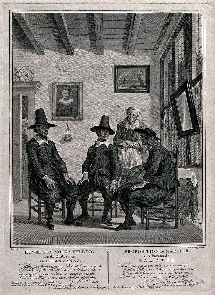 A suitor asks for a young woman's hand in marriage. Engraving by J. Punt and P. Tanjé after C. Troost.