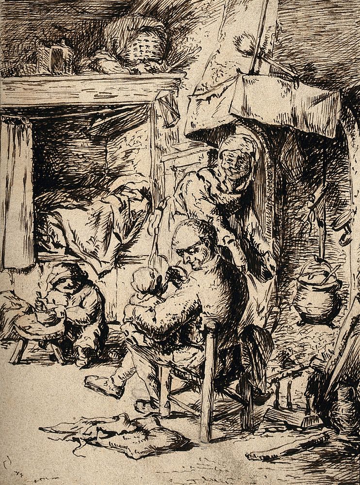 A father feeding his infant whilst the mother attends to domestic jobs and a small child plays with its food. Pen drawing…