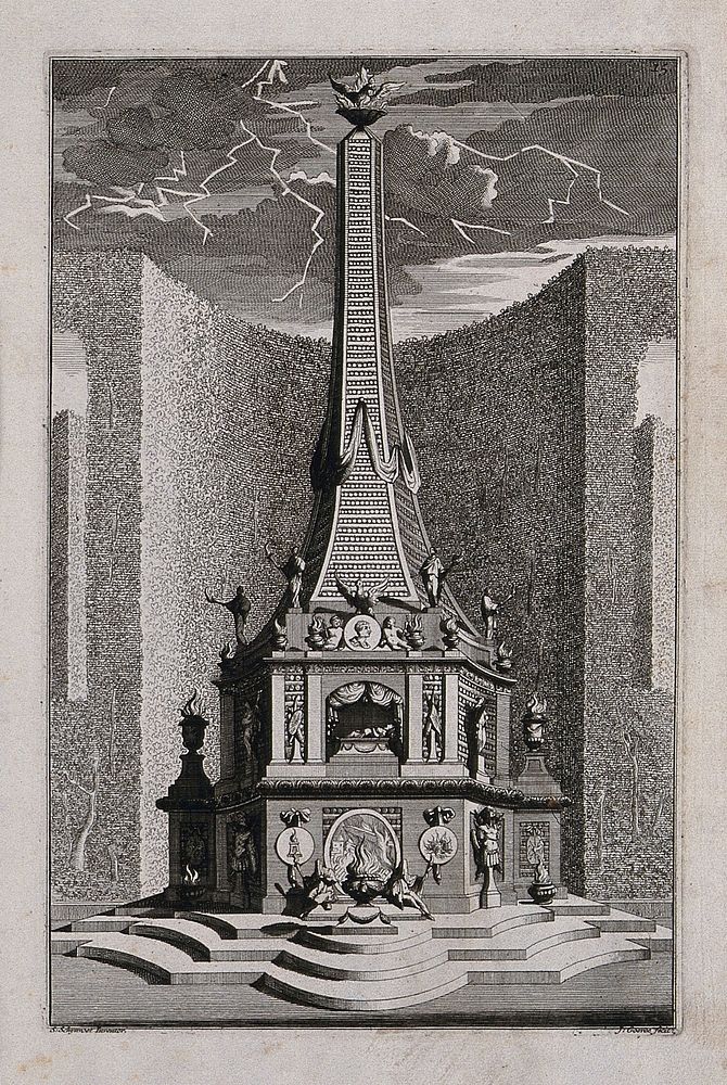 An ornate garden obelisk decorated with flaming urns and figures with burning torches. Etching by J. Goeree after S.…