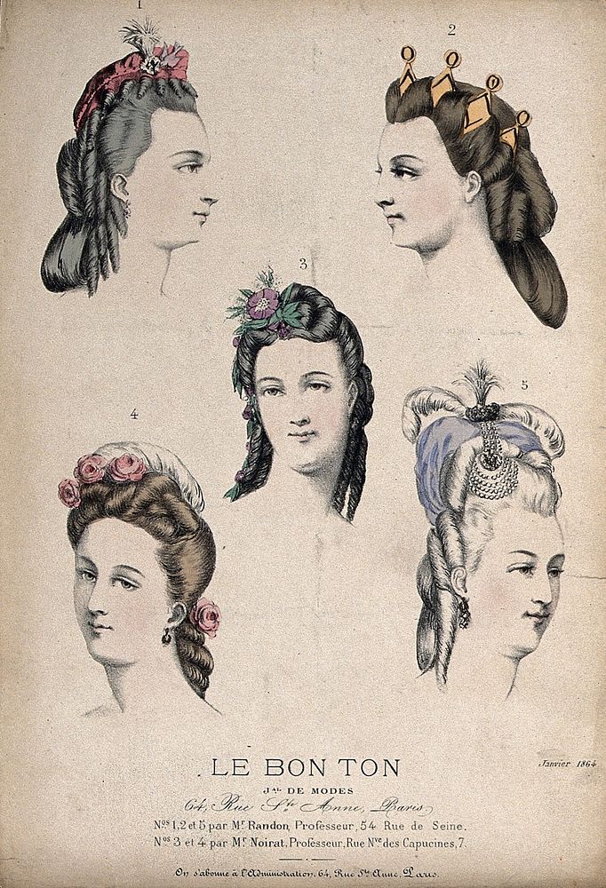 The heads of five women wearing an assortment of head-dresses made up of caps, feathers, flowers and jewellery. Coloured…