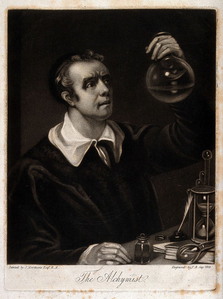 An alchemist peering into a glass vessel. Mezzotint by F.R. Say, 1819, after J. Northcote.