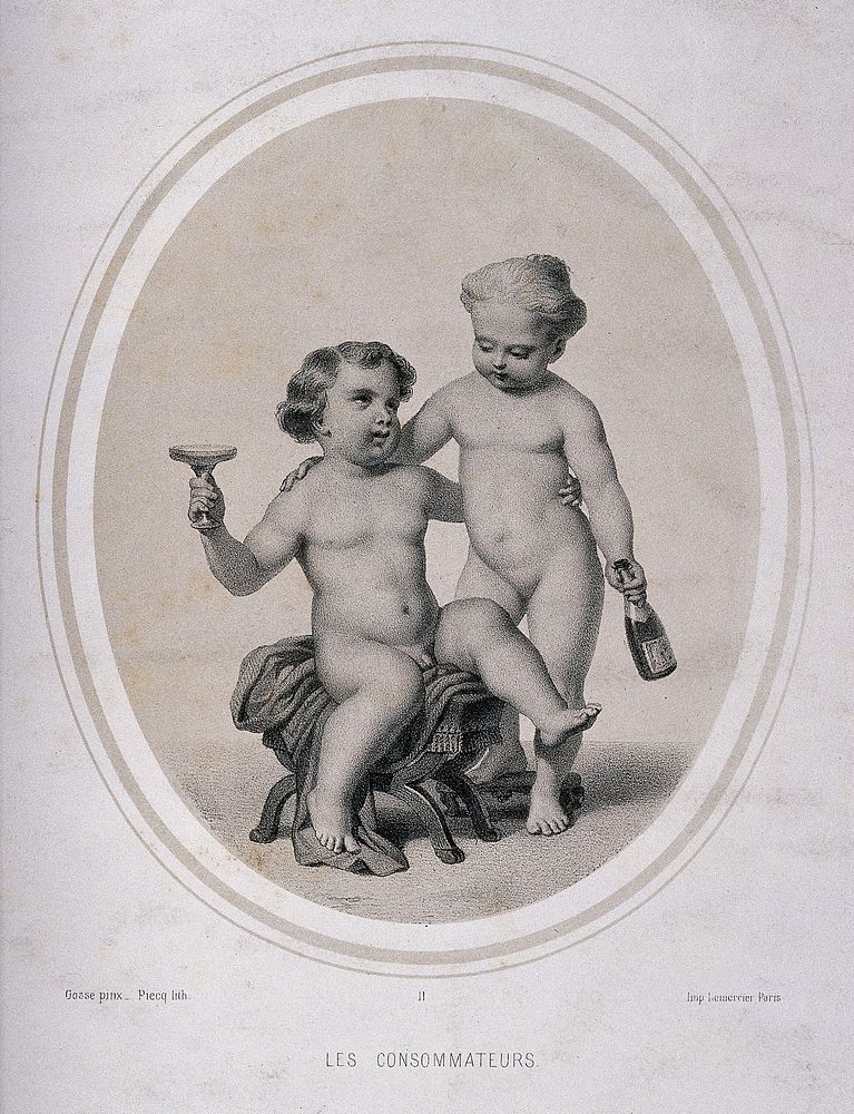 Two naked children drinking champagne. Lithograph by Piecq, c. 1845, after Gosse.