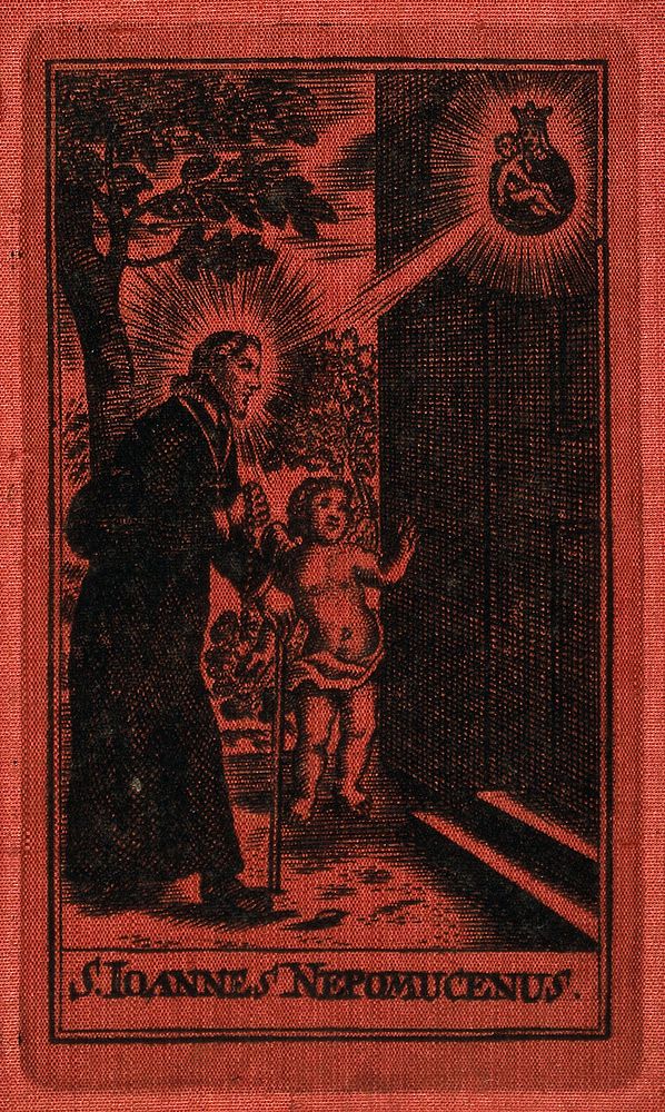 Saint John Nepomucen: at the door of a building he has a vision of the Virgin and Christ Child. Engraving on red silk.