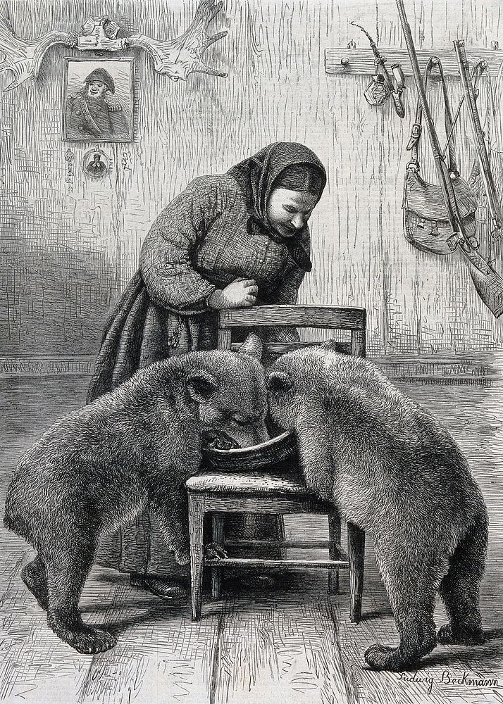 A woman feeding two bear cubs from a large bowl on a chair. Wood engraving by L. Beckmann.
