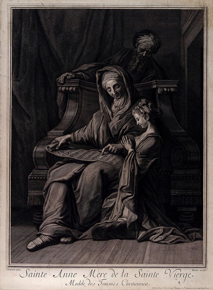 Saint Anne educates Mary while Joachim watches. Engraving attributed to M. Dossier after J. Jouvenet.