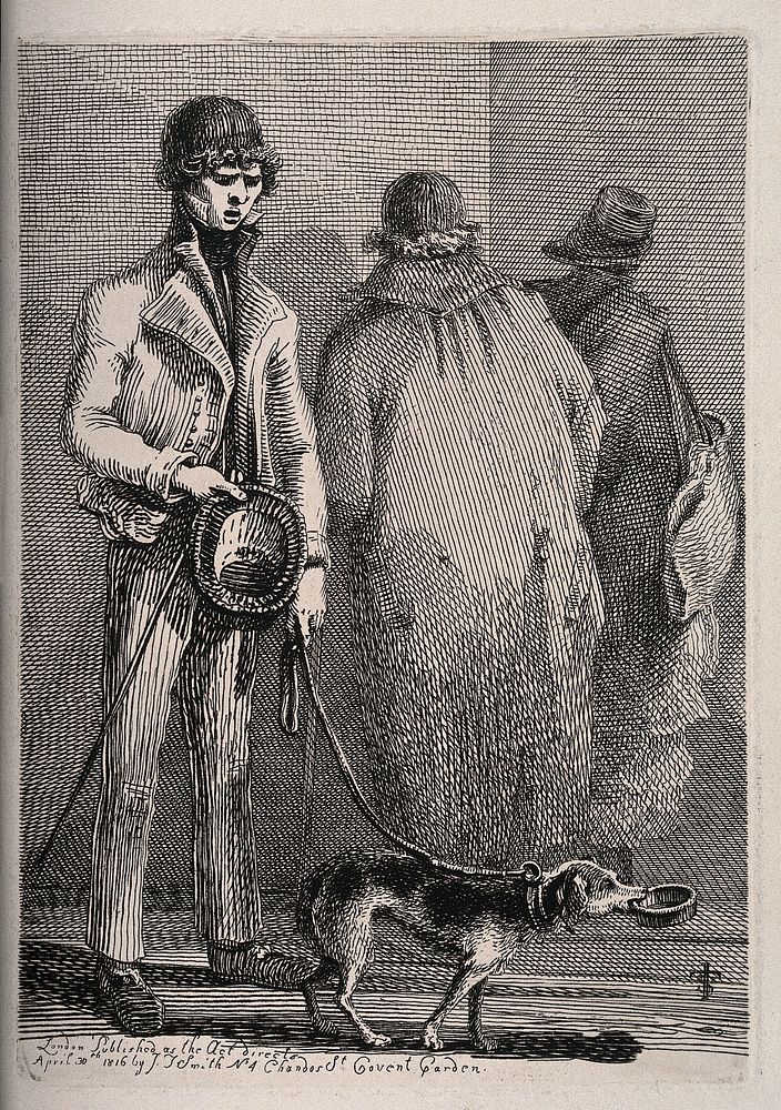 A blind beggar walks past two figures guided by his dog with a begging bowl. Etching by J.T. Smith, 1816.