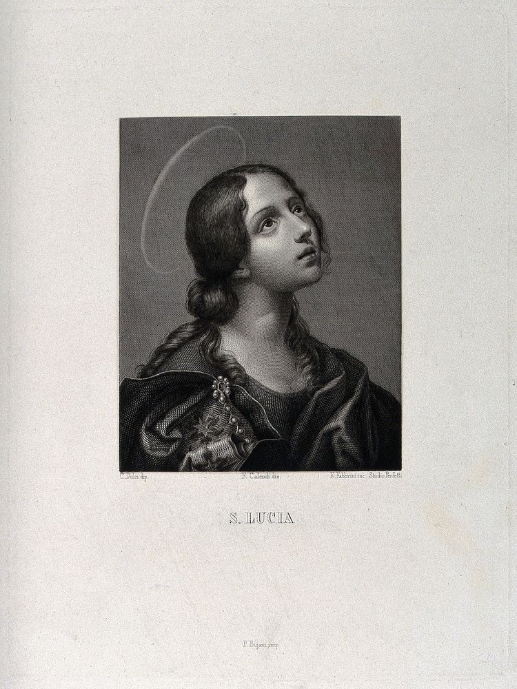 Saint Lucy. Line engraving by E. Fabbrini after F. Calendi after C. Dolci.