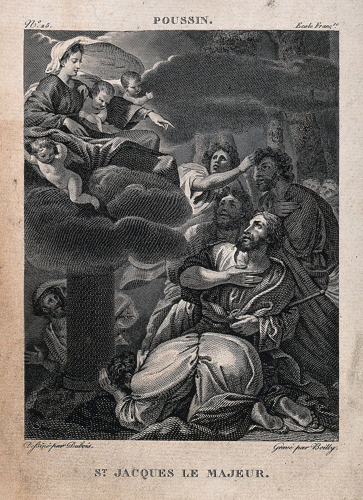 Saint James the Great: the Virgin appears to him on a pillar by the river Ebro. Engraving attributed to A. Boilly, 1827…