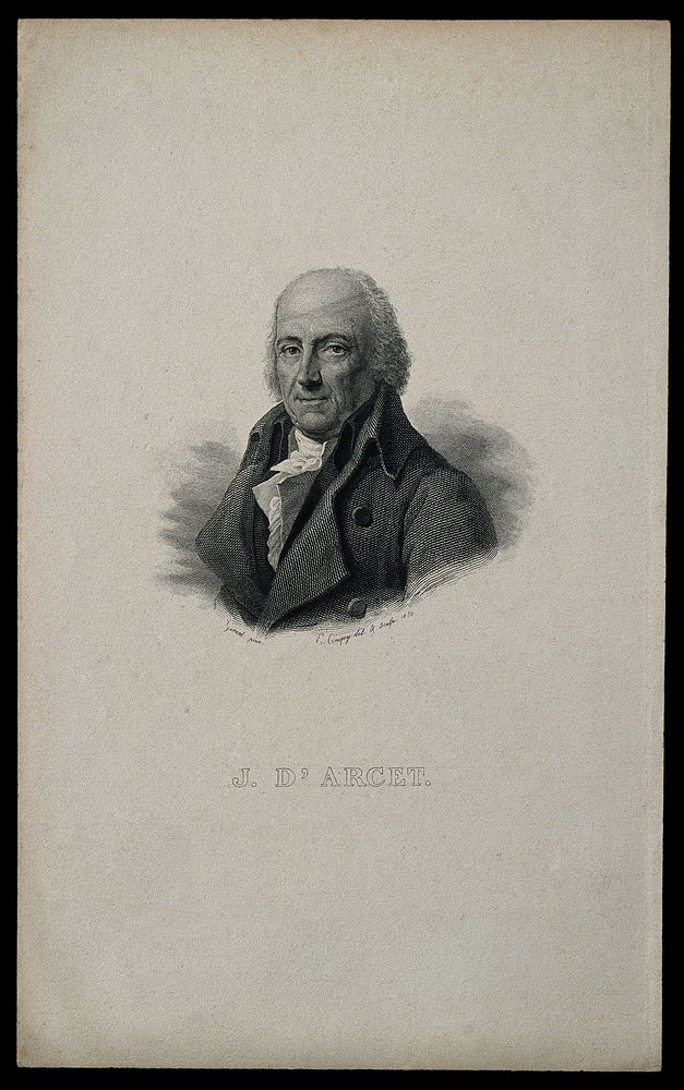 Jean d'Arcet. Line engraving by E. Conquy, 1834, after F.P.S. Gérard.