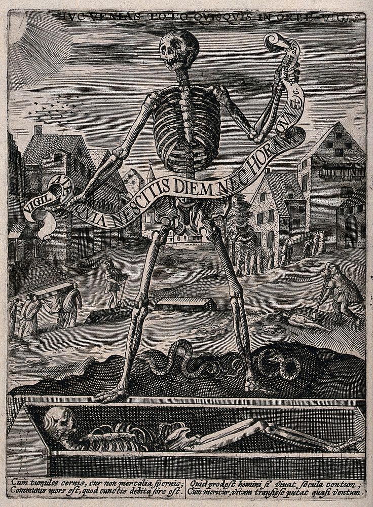 Death holds a scroll while standing at an open grave. Etching.