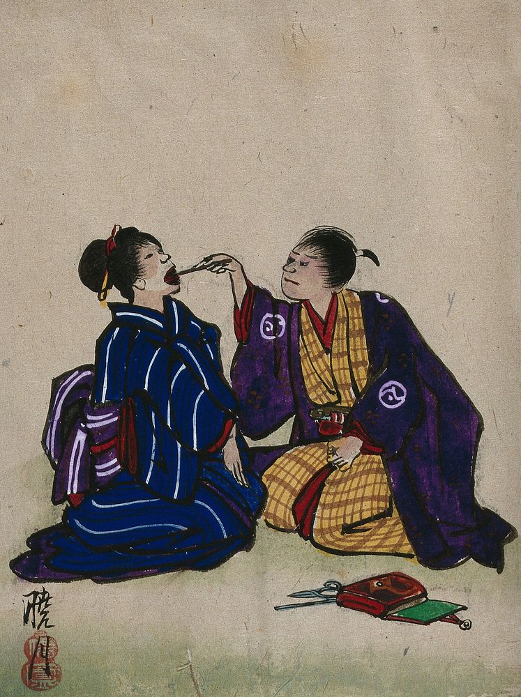A doctor examining a woman's mouth; doctor and patient are kneeling on the floor. Watercolour, ca. 1830.