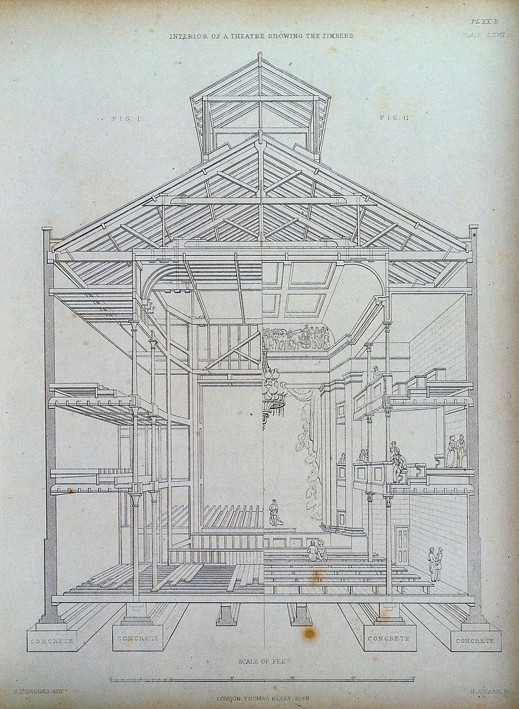 Building: section through a theatre, half cutaway, showing timber roofing and interior fittings. Etching by H. Adlard, 1849…