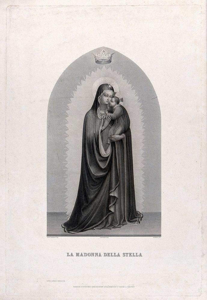 Saint Mary (the Blessed Virgin) with the Christ Child. Engraving by R. Bedetti after R. Buonajuti after Fra Angelico (Fra…