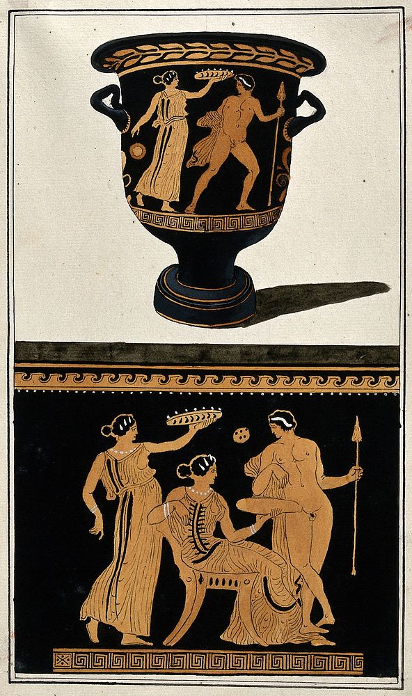 Above, red-figured Greek wine bowl (bell krater); below, detail of decoration showing a naked man holding a spear and two…