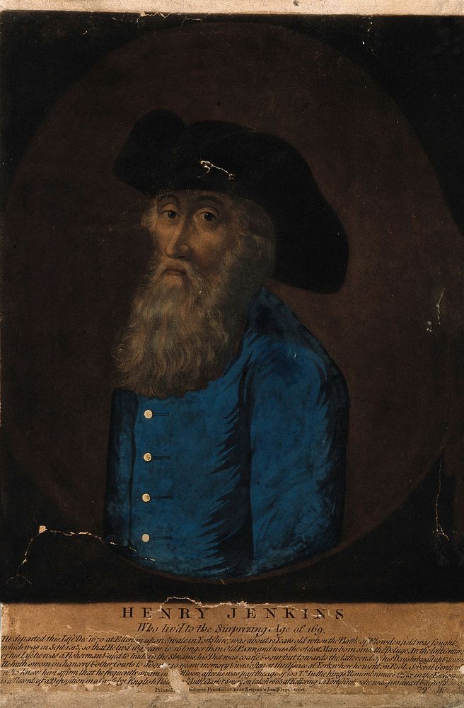 Henry Jenkins, aged 169. Coloured mezzotint after R. Walker.