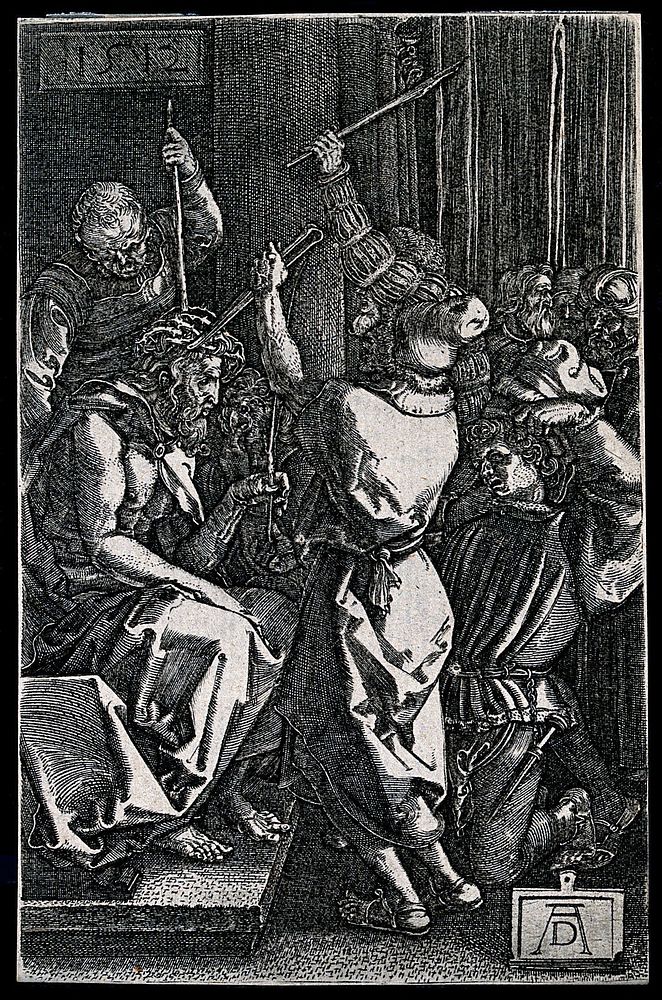 Christ, tied to a column, being whipped by two men. Engraving after A. Durer, 1512.