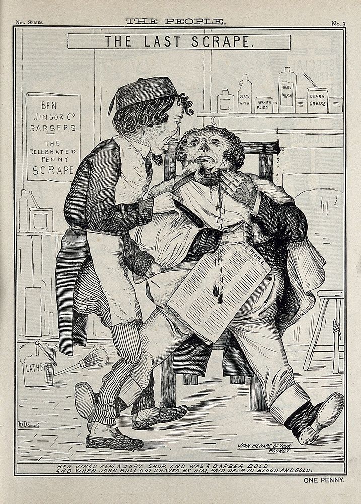 Benjamin Disraeli as a barber called "Ben Jingo" is cutting the face of John Bull while shaving him. Engraving  by W.…