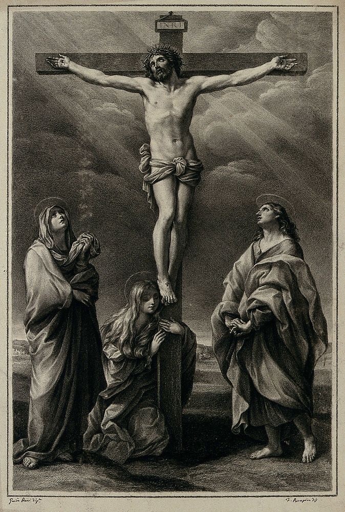 The crucifixion of Christ with the Virgin Mary, Mary Magdalene and John the apostle. Drawing by F. Rosaspina, c. 1830, after…