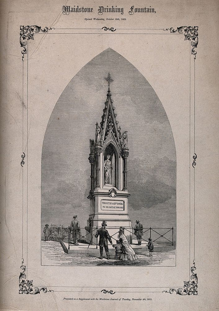 Maidstone Drinking Fountain, Maidstone, Kent. Wood engraving by J.M. Williams, 1862.