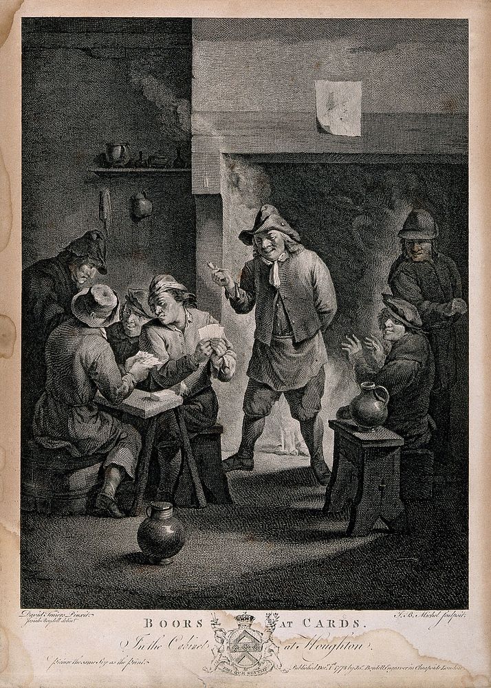 Two men play cards at a table as others watch and smoke by the fire. Engraving by J. Michel, c. 1778, after J. Boydell after…