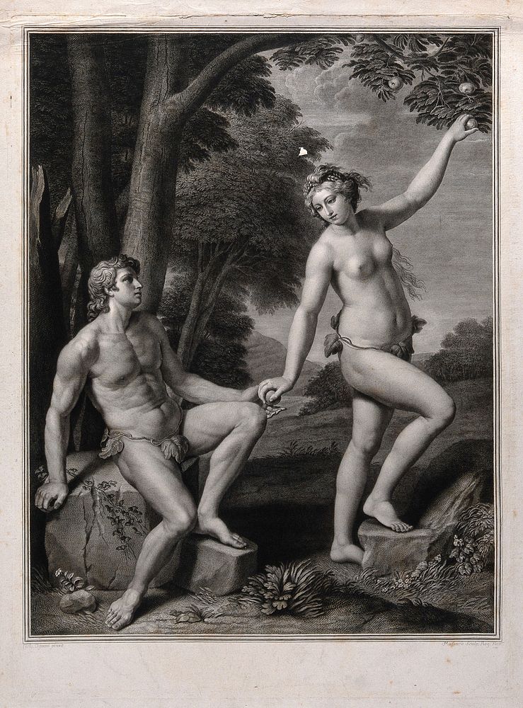 Eve tempting Adam. Engraving by J. Massard, 1787, after C. Cignani.