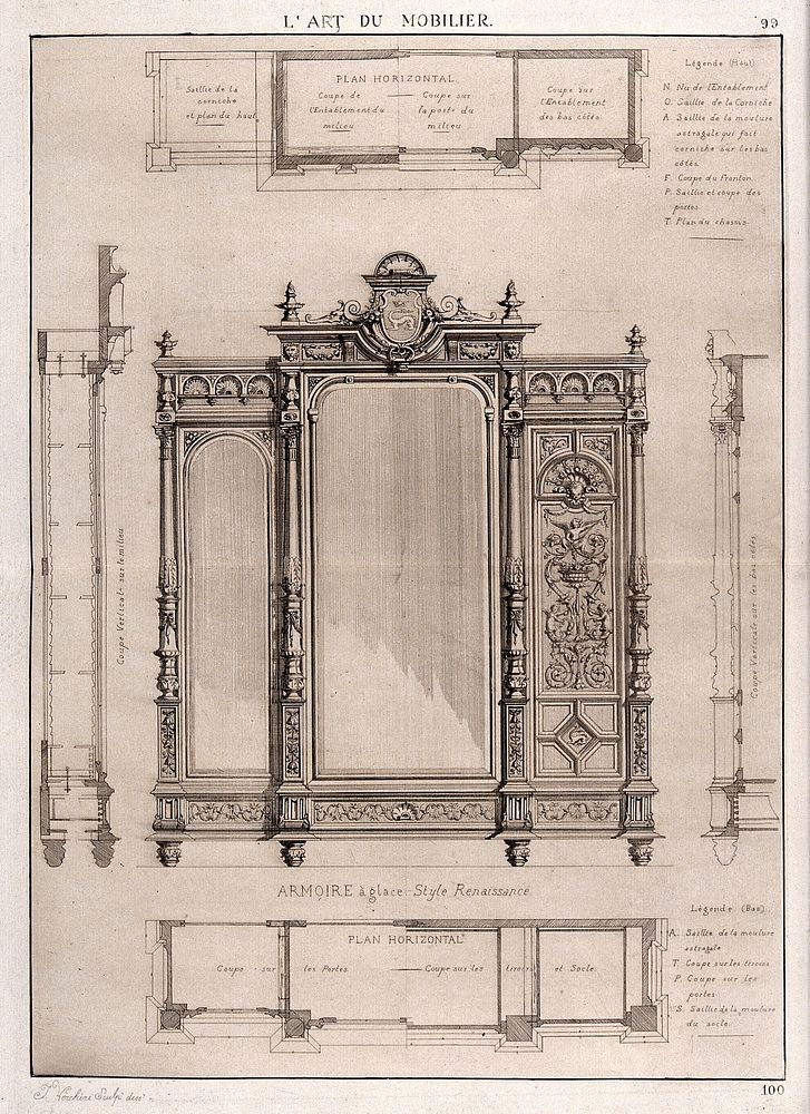 Cabinet-making: designs for a wardrobe. Etching by J. Verchère after himself, 1880.