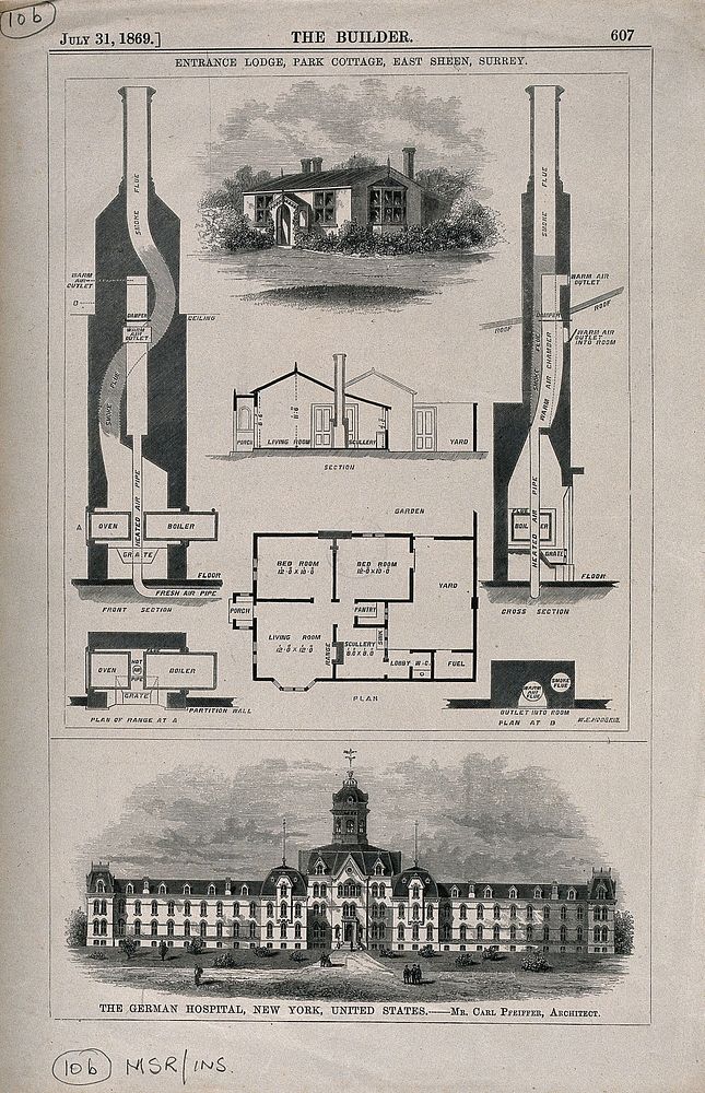 German Hospital, New York City; and floor plan for Park Cottage, East Sheen, Surrey. Wood engraving by W.E. Hodgkin, 1869…