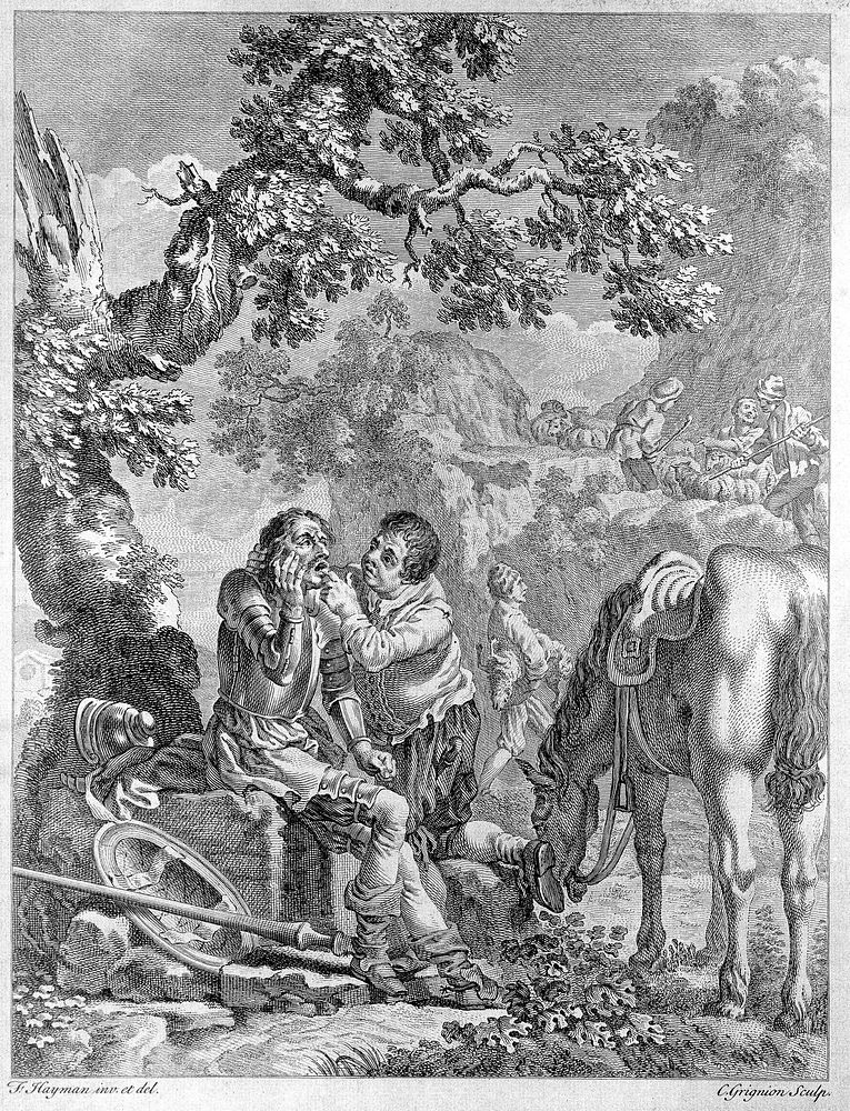 Sancho Panza examining Don Quixote's mouth. Line engraving by C. Grignion after F. Hayman, 1755.