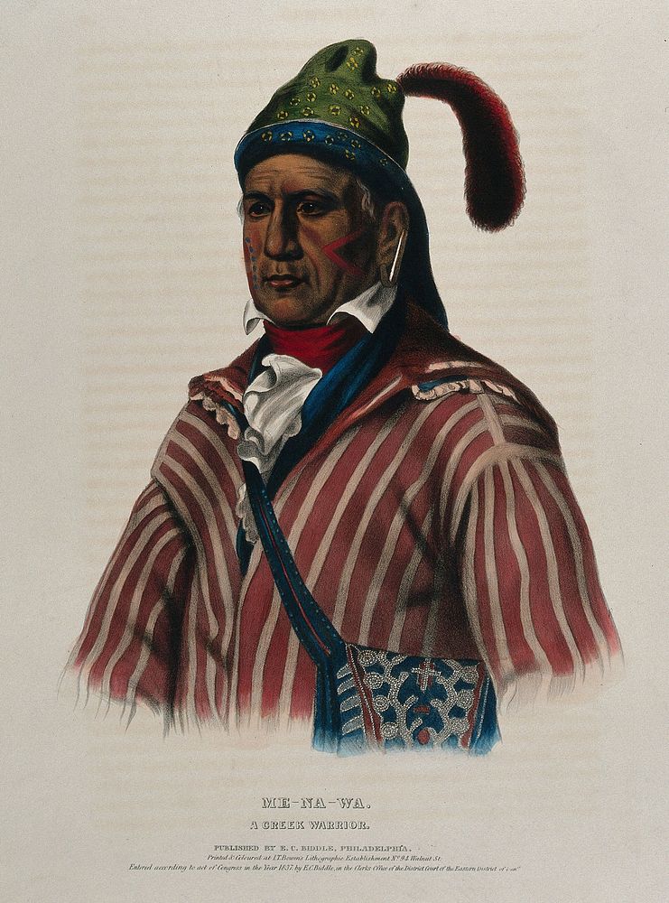 Me-na-wa, a Creek Indian. Coloured lithograph by J.T. Bowen after C.B. King, 1837.
