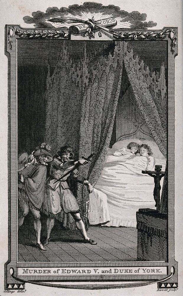 Edward V and the Duke of York are about to be murdered in their beds by two assassins. Line engraving by A. Birrell after S.…