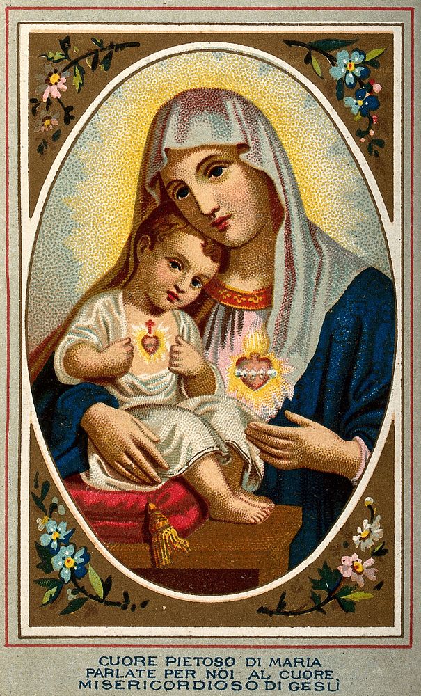 The Virgin with the Christ Child showing their hearts. Colour lithograph.