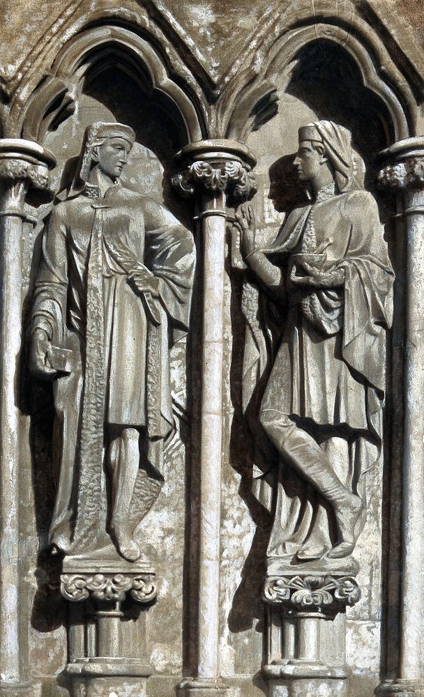 Saint Cosmas and Saint Damian. Photograph with gouache after sculptures.