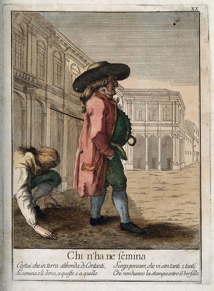 A man picks up the money spilling from a rich gentleman's pockets. Coloured etching after G. Piattoli , c. 1800.