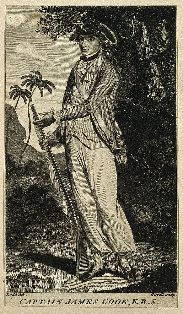 James Cook. Line engraving by A. Birrell after H. Dodd, 1785.